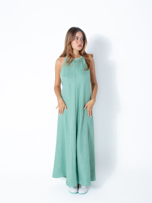 Fringe Linen Dress in Mint