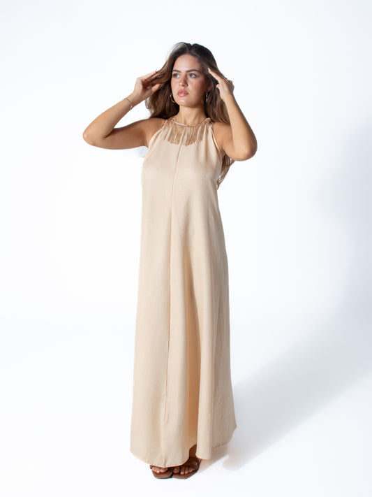 Fringe Linen Dress in Nude