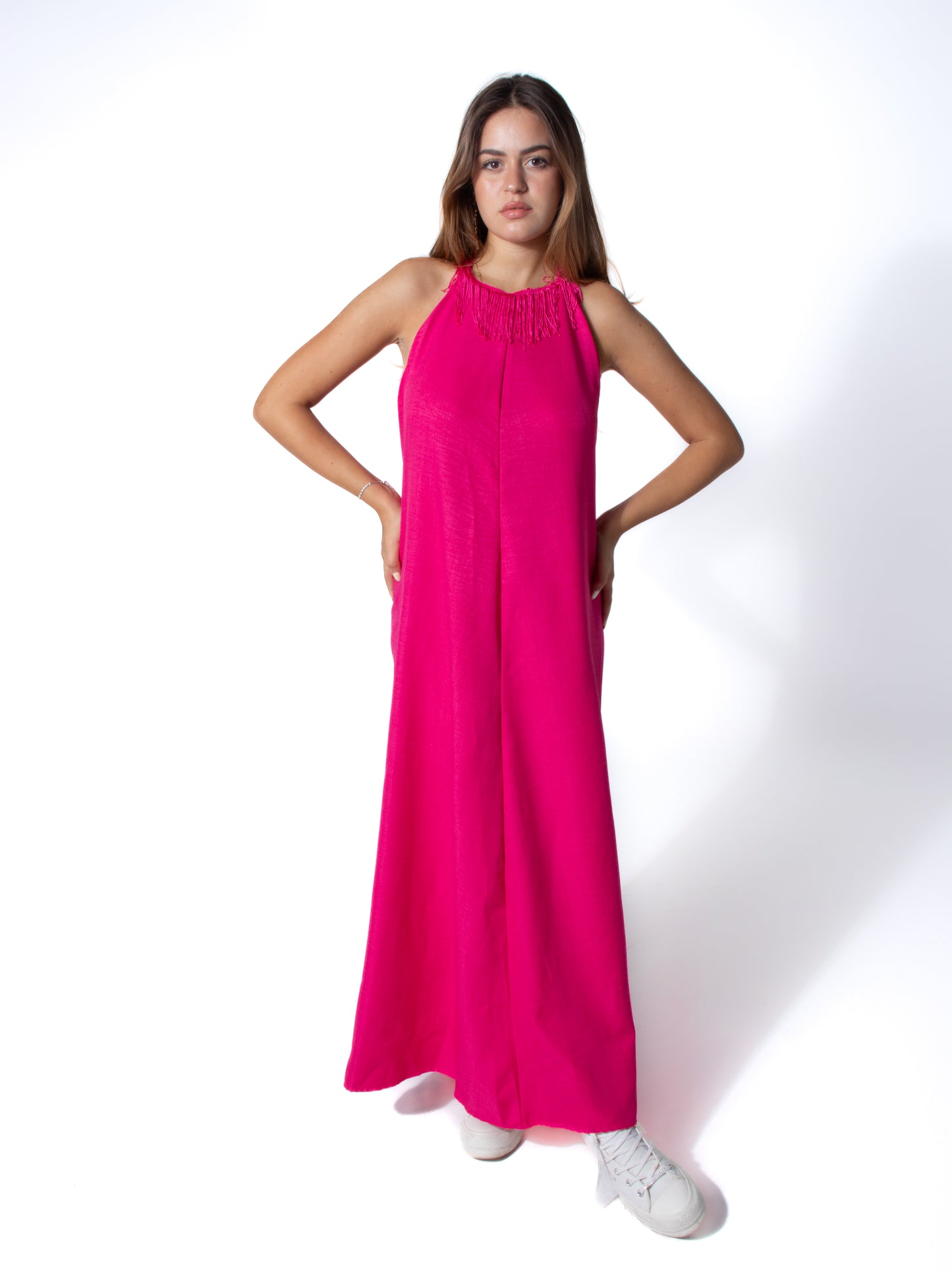 Fringe Linen Dress in Pink