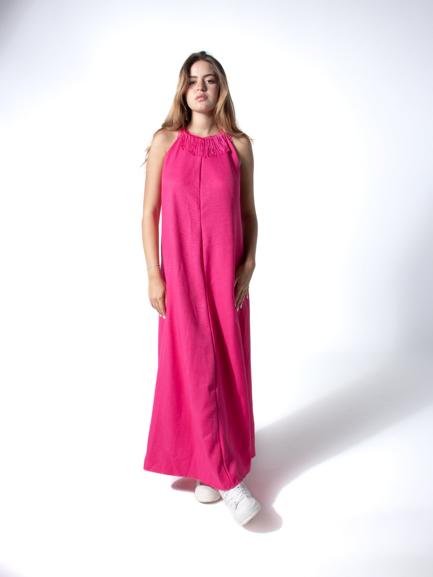 Fringe Linen Dress in Pink