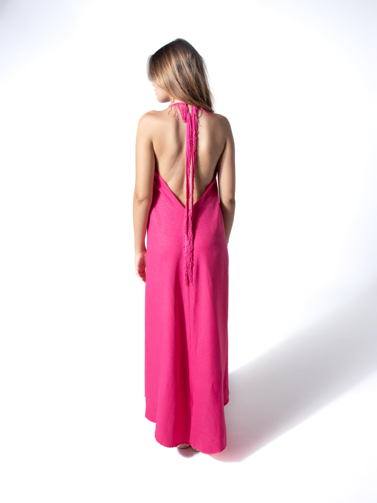 Fringe Linen Dress in Pink